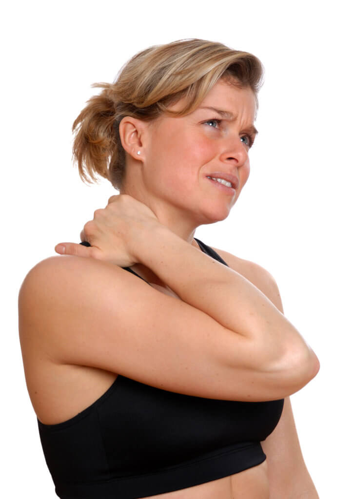 Woman in pain, holding her neck