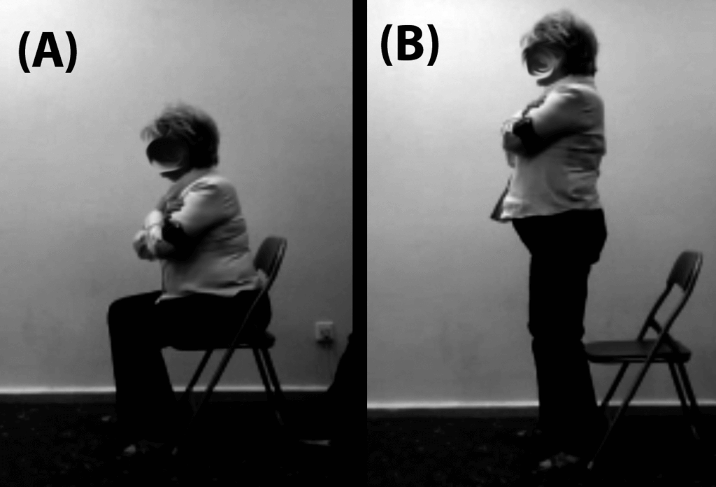 Sit to stand exercise done by older woman. Also known as a chair squat.