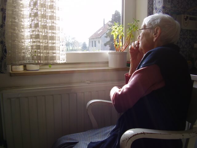 An elderly woman sits in a chair and looks out the window at her view.