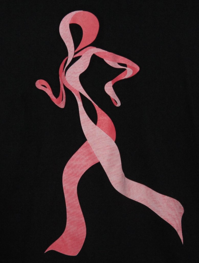 Graphic of a breast cancer ribbon twisted into the shape of a runner. On a black background.